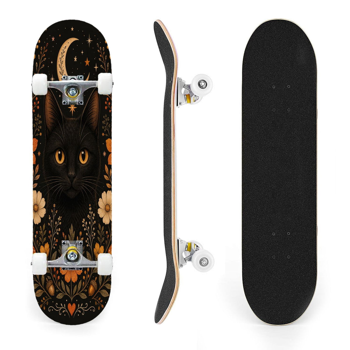 31"x8" Complete Skateboards for Beginners,Vintage Botanical Skull Flowers Elements Dark Double Kick 7 Ply Canadian Maple Deck Skateboard with Wheels, Gifts for Kids Teens