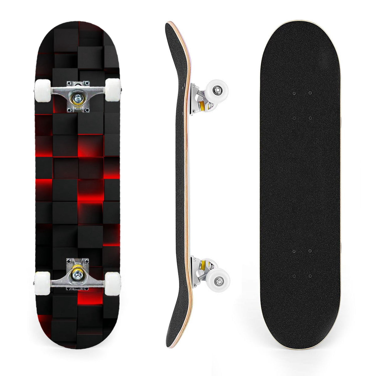 31"x8" Complete Skateboards for Beginners,Geometric Hexagon Glowing Neon Blue Purple Double Kick 7 Ply Canadian Maple Deck Skateboard with Wheels, Gifts for Kids Teens