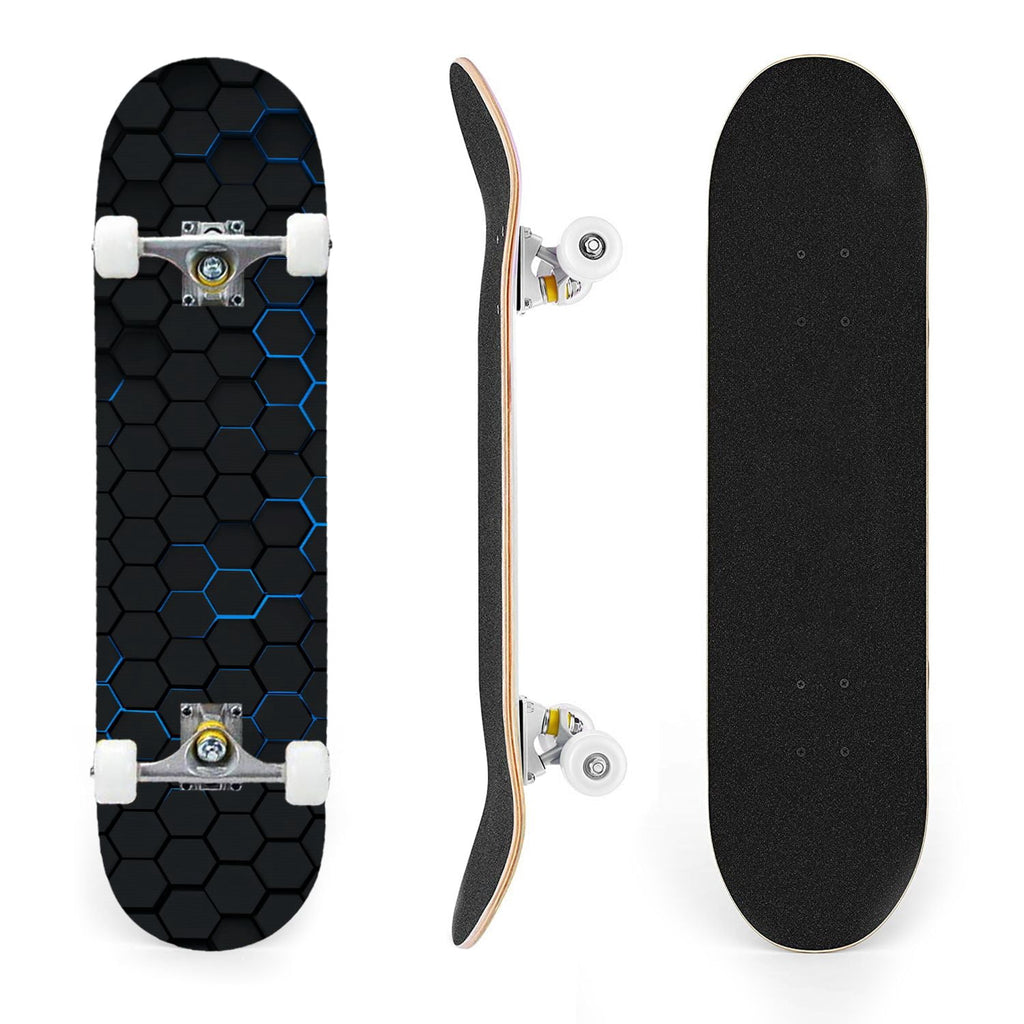 31"x8" Complete Skateboards for Beginners,Black Hexagon Honeycomb Glowing Blue Accents Double Kick 7 Ply Canadian Maple Deck Skateboard with Wheels, Gifts for Kids Teens
