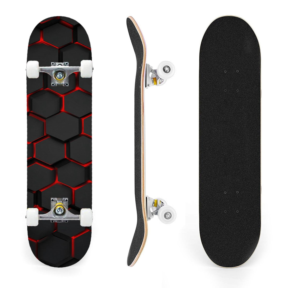 31"x8" Complete Skateboards for Beginners,Black Hexagon Honeycomb Glowing Blue Accents Double Kick 7 Ply Canadian Maple Deck Skateboard with Wheels, Gifts for Kids Teens