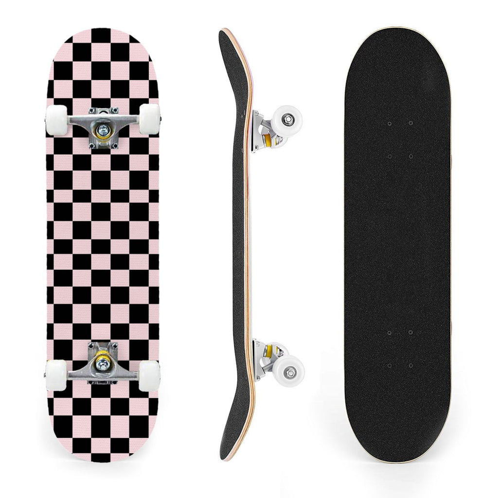 31"x8" Complete Skateboards for Beginners,Black Pink Checkered Retro Aesthetic Double Kick 7 Ply Canadian Maple Deck Skateboard with Wheels, Gifts for Kids Teens