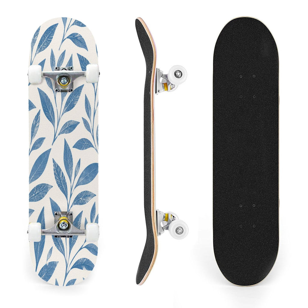 31"x8" Complete Skateboards for Beginners,Blue Botanical Leaf White Double Kick 7 Ply Canadian Maple Deck Skateboard with Wheels, Gifts for Kids Teens