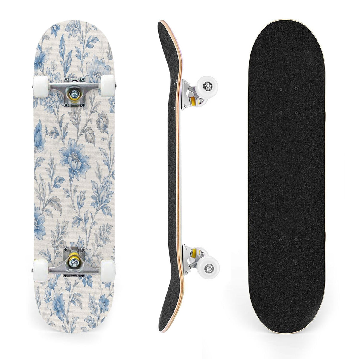 31"x8" Complete Skateboards for Beginners,Blue White Vintage Floral Roses Ornate Swirls Double Kick 7 Ply Canadian Maple Deck Skateboard with Wheels, Gifts for Kids Teens
