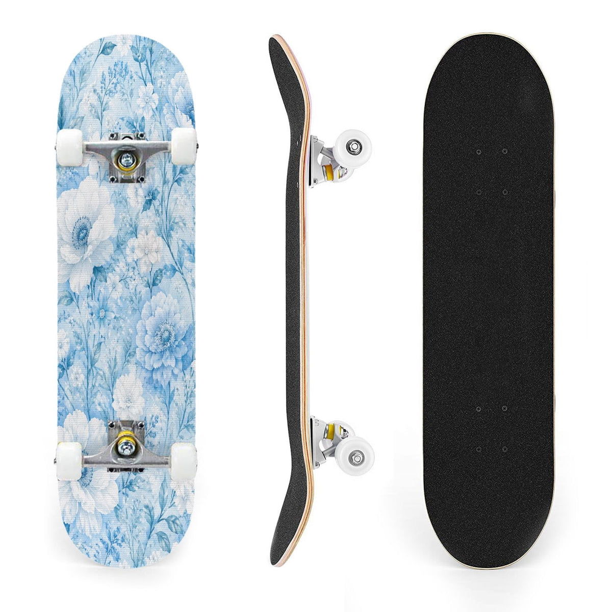 31"x8" Complete Skateboards for Beginners,Blue White Vintage Floral Roses Ornate Swirls Double Kick 7 Ply Canadian Maple Deck Skateboard with Wheels, Gifts for Kids Teens