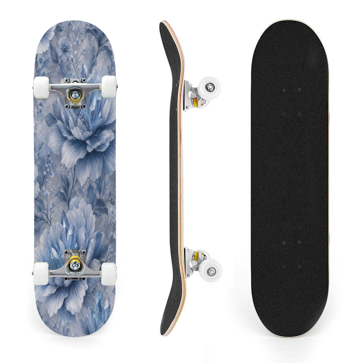 31"x8" Complete Skateboards for Beginners,Blue White Toile Rabbits Birds Floral Motifs Double Kick 7 Ply Canadian Maple Deck Skateboard with Wheels, Gifts for Kids Teens