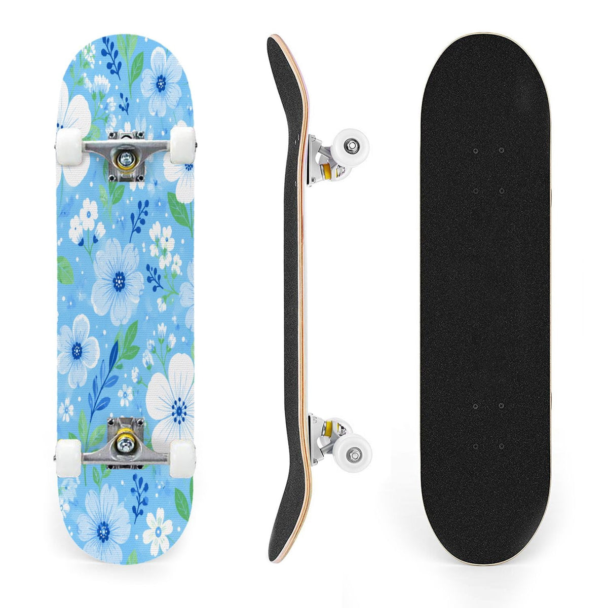 31"x8" Complete Skateboards for Beginners,Elegant White Blue Flowers Soft Petals Dreamy Artistic Double Kick 7 Ply Canadian Maple Deck Skateboard with Wheels, Gifts for Kids Teens