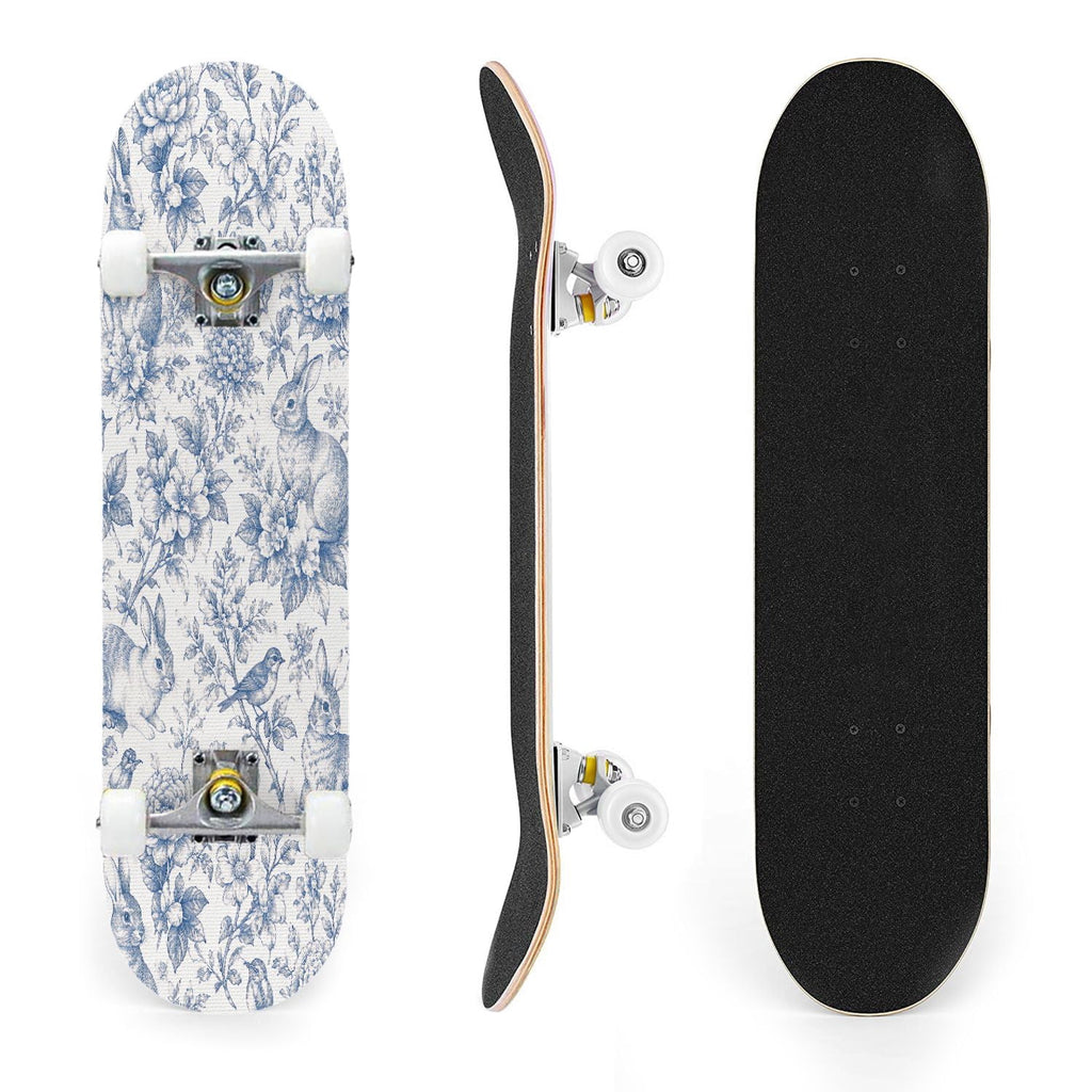 31"x8" Complete Skateboards for Beginners,Blue White Toile Rabbits Birds Floral Motifs Double Kick 7 Ply Canadian Maple Deck Skateboard with Wheels, Gifts for Kids Teens