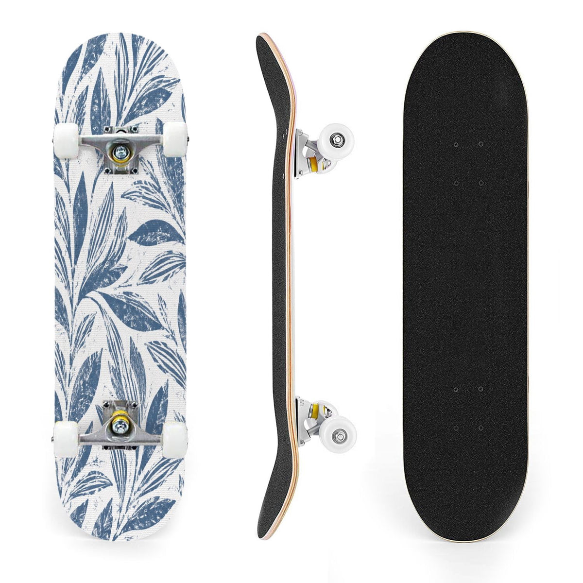 31"x8" Complete Skateboards for Beginners,Blue White Toile Rabbits Birds Floral Motifs Double Kick 7 Ply Canadian Maple Deck Skateboard with Wheels, Gifts for Kids Teens