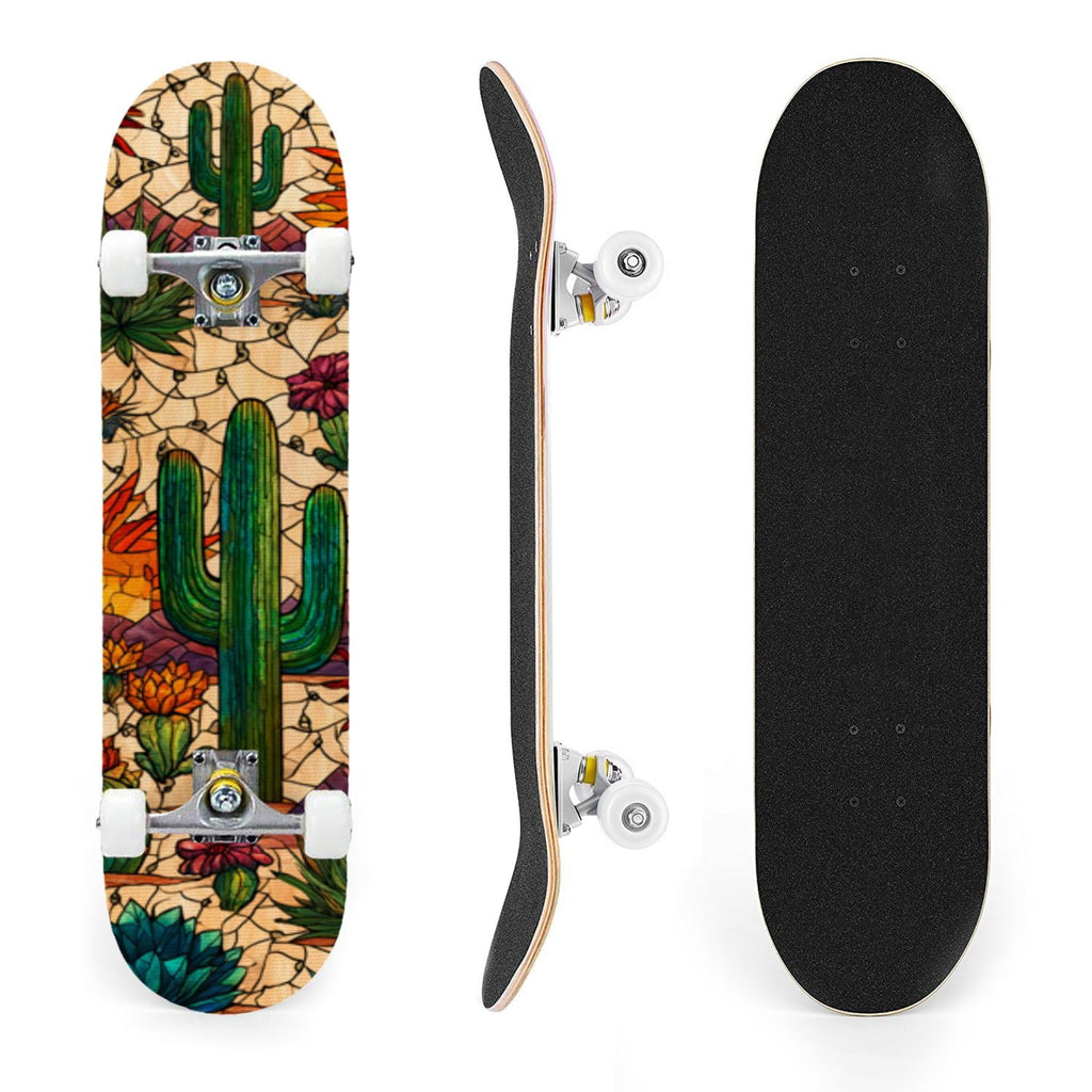 31"x8" Complete Skateboards for Beginners,Bold Stained Glass Western Double Kick 7 Ply Canadian Maple Deck Skateboard with Wheels, Gifts for Kids Teens