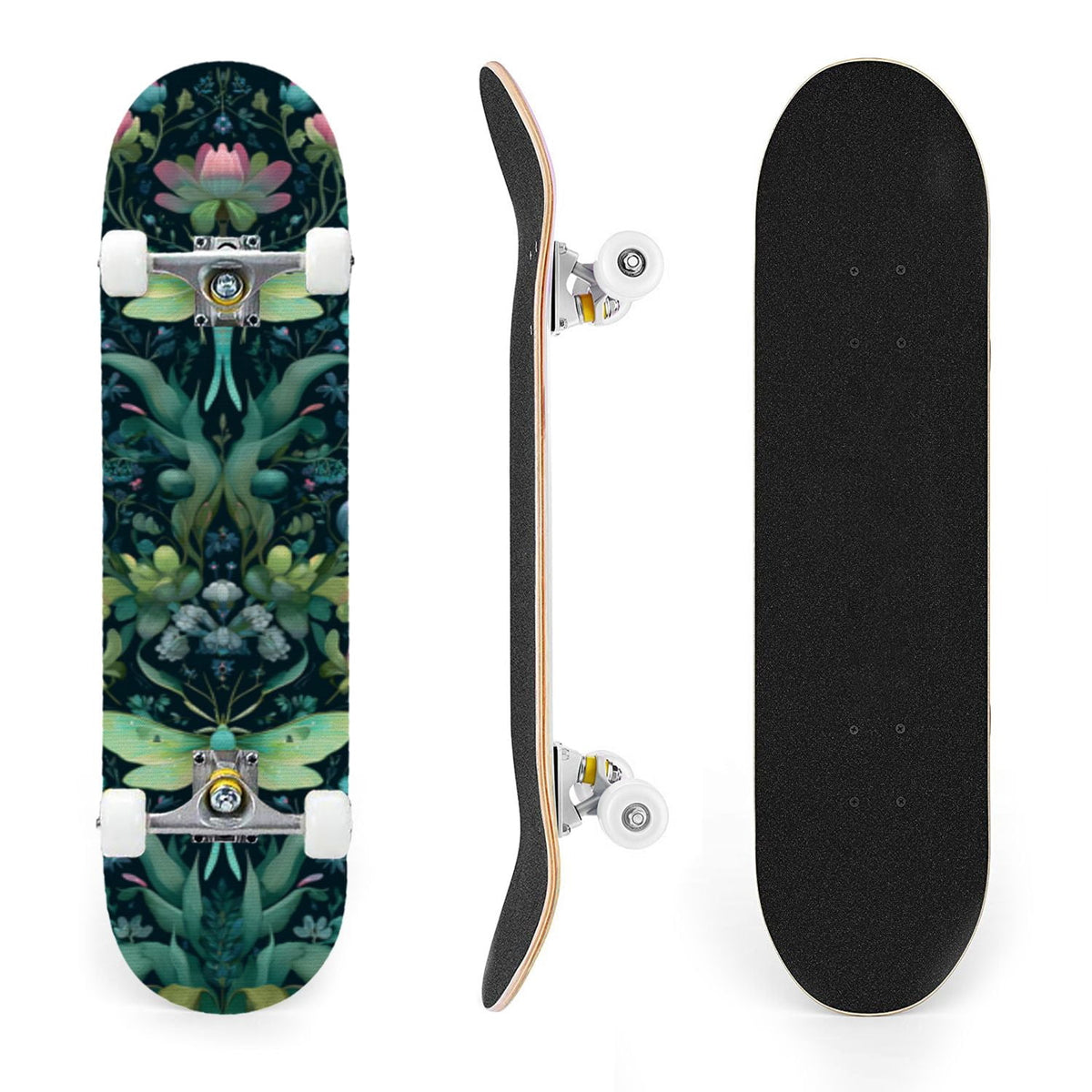 31"x8" Complete Skateboards for Beginners,Whimsical Moths Flowers Pastel Colors Stars Moon Mystical Double Kick 7 Ply Canadian Maple Deck Skateboard with Wheels, Gifts for Kids Teens