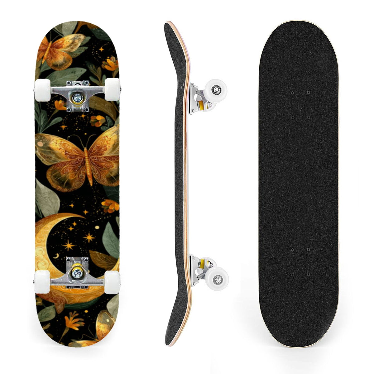 31"x8" Complete Skateboards for Beginners,Whimsical Moths Flowers Pastel Colors Stars Moon Mystical Double Kick 7 Ply Canadian Maple Deck Skateboard with Wheels, Gifts for Kids Teens