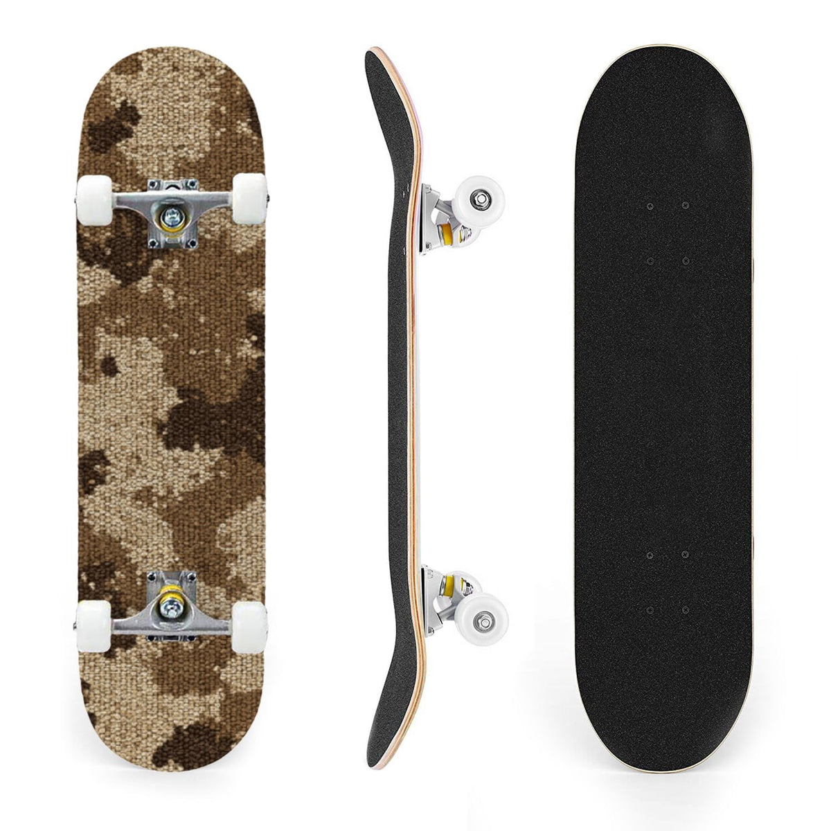 31"x8" Complete Skateboards for Beginners,Desert Camouflage Beige Tan Cream Organic Abstract Shapes Double Kick 7 Ply Canadian Maple Deck Skateboard with Wheels, Gifts for Kids Teens