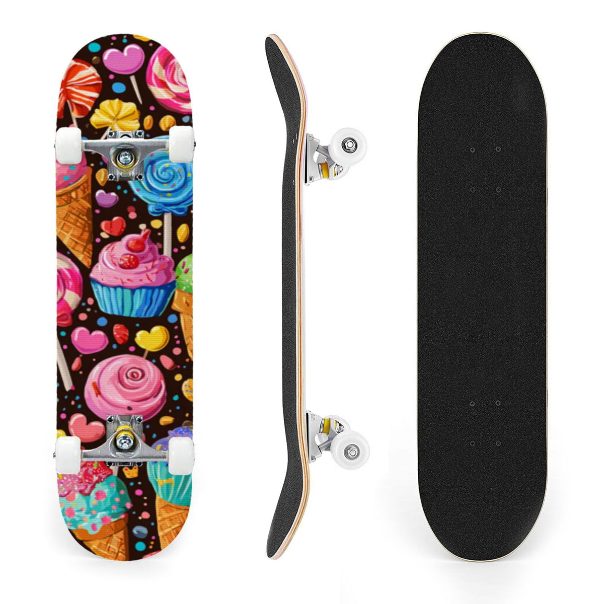 31"x8" Complete Skateboards for Beginners,Cartoon Hand Drawn Ice Cream Doodles Seamless Cones Cupcakes Double Kick 7 Ply Canadian Maple Deck Skateboard with Wheels, Gifts for Kids Teens