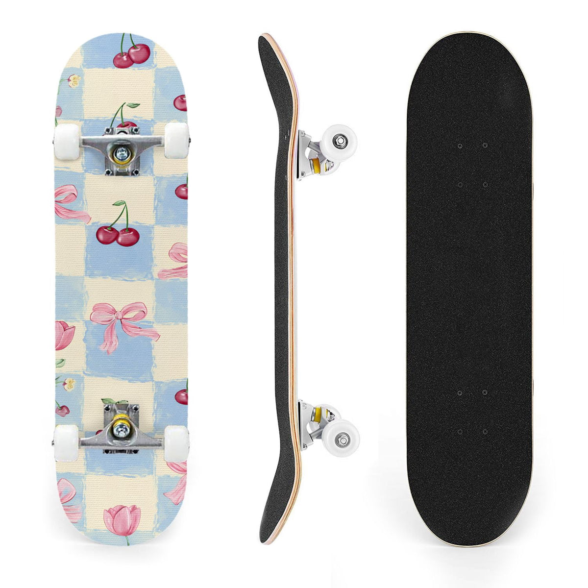 31"x8" Complete Skateboards for Beginners,Green White Plaid Checkered Watercolor Double Kick 7 Ply Canadian Maple Deck Skateboard with Wheels, Gifts for Kids Teens