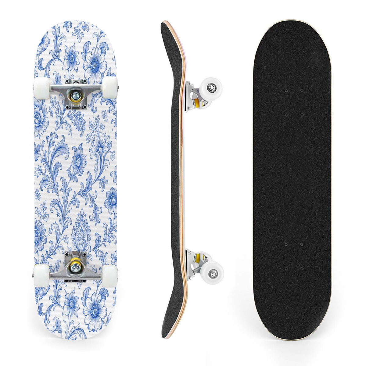 31"x8" Complete Skateboards for Beginners,Blue Botanical Leaf White Double Kick 7 Ply Canadian Maple Deck Skateboard with Wheels, Gifts for Kids Teens