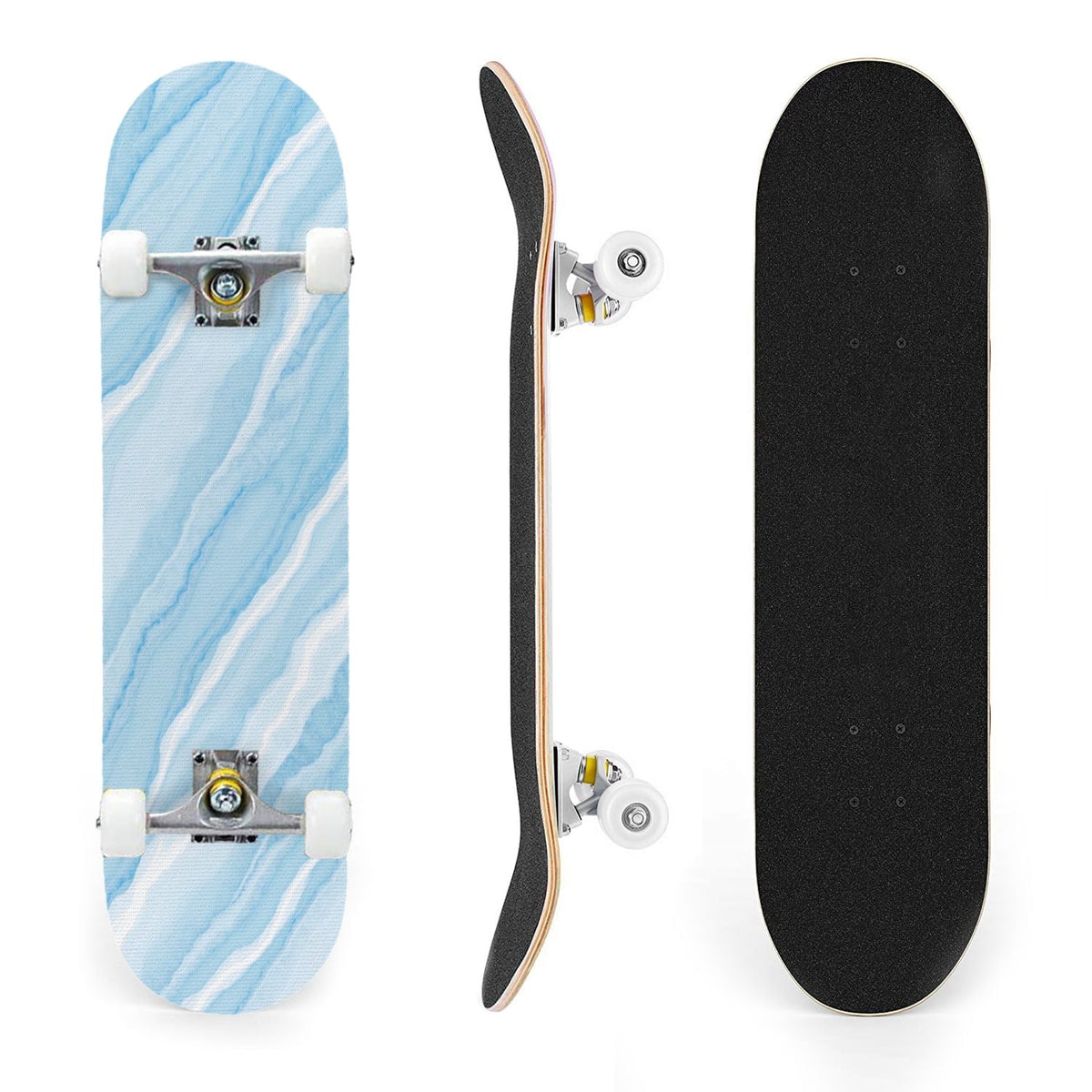 31"x8" Complete Skateboards for Beginners, Abstract Black Hexagon Honeycomb Glowing Blue Neon Geometric Double Kick 7 Ply Canadian Maple Deck Skateboard with Wheels, Gifts for Kids Teens
