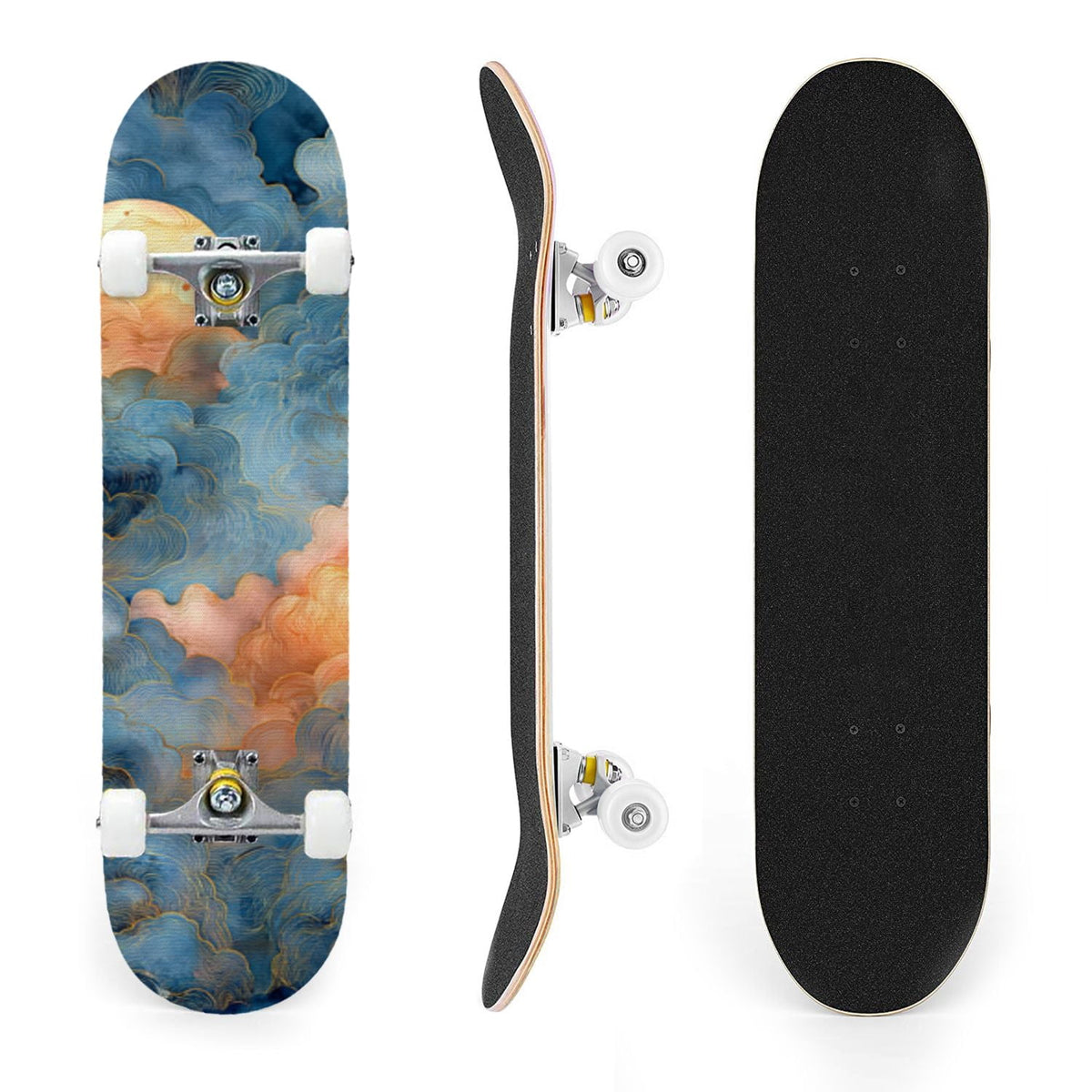 31"x8" Complete Skateboards for Beginners, Cute Light Blue Sky Cartoon Summer Decor Double Kick 7 Ply Canadian Maple Deck Skateboard with Wheels, Gifts for Kids Teens