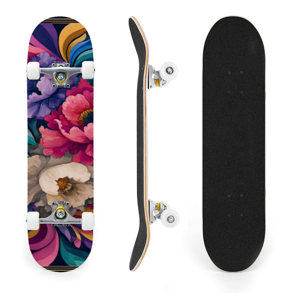 31"x8" Complete Skateboards for Beginners, Turquoise Flowers Teal Daisy Flower Butterfly Blue Romantic Double Kick 7 Ply Canadian Maple Deck Skateboard with Wheels, Gifts for Kids Teens