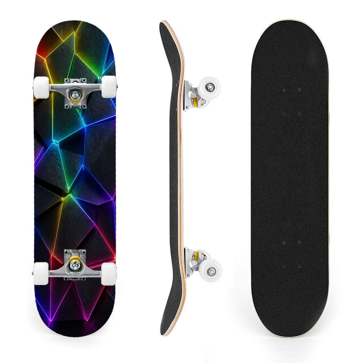 31"x8" Complete Skateboards for Beginners, Abstract Geometric Vibrant Neon Line Accents Dark Futuristic Double Kick 7 Ply Canadian Maple Deck Skateboard with Wheels, Gifts for Boys Teens