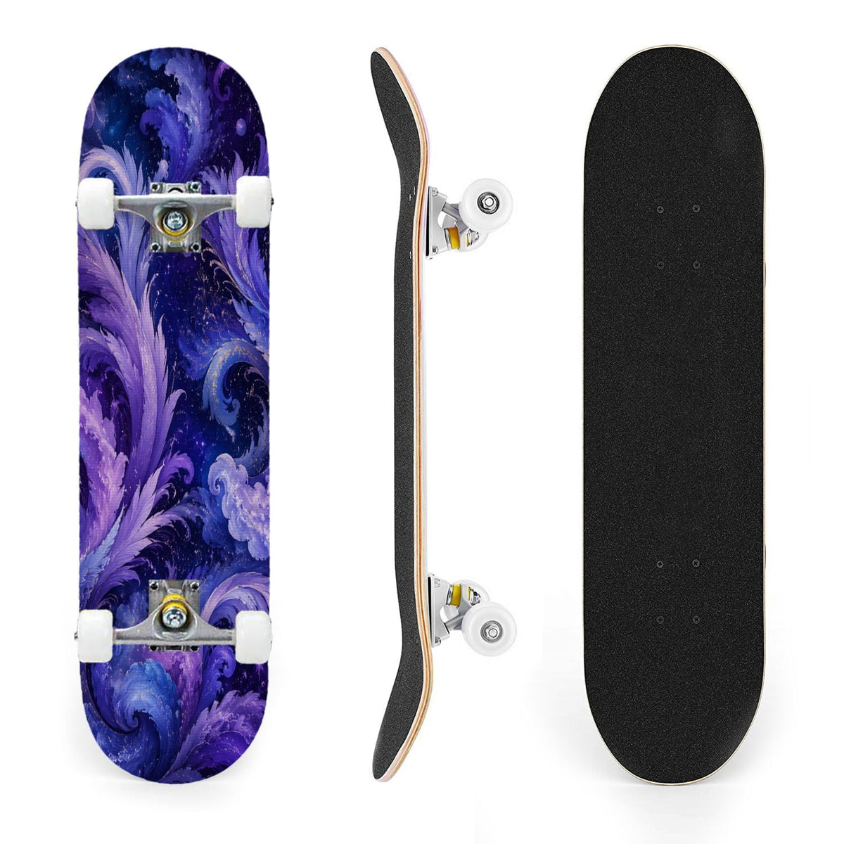 31"x8" Complete Skateboards for Beginners, Purple White Cosmos Flowers Butterflies Watercolor Double Kick 7 Ply Canadian Maple Deck Skateboard with Wheels, Gifts for Kids Teens