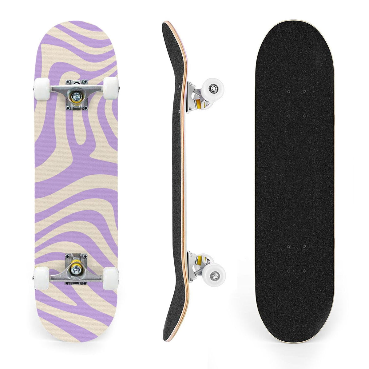 31"x8" Complete Skateboards for Beginners, Abstract Wavy Purple Beige Zebra Design Double Kick 7 Ply Canadian Maple Deck Skateboard with Wheels, Gifts for Kids Teens