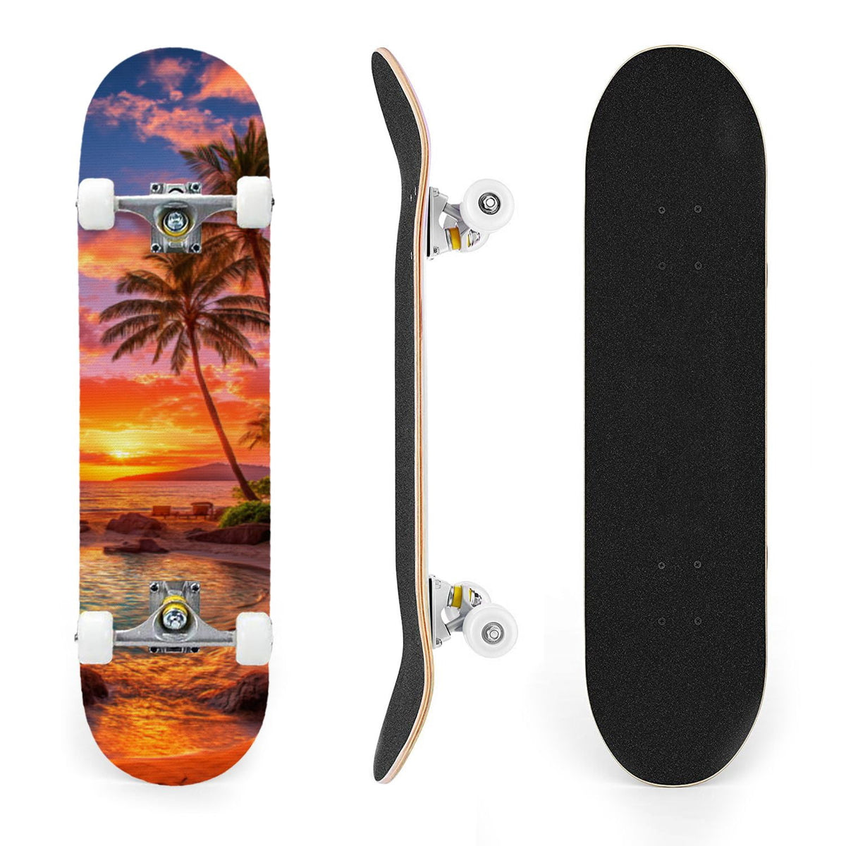 31"x8" Complete Skateboards for Beginners, Blue Deep Sea Sailing Ship Octopus Lighthouse Clouds Ocean Double Kick 7 Ply Canadian Maple Deck Skateboard with Wheels, Gifts for Kids Teens