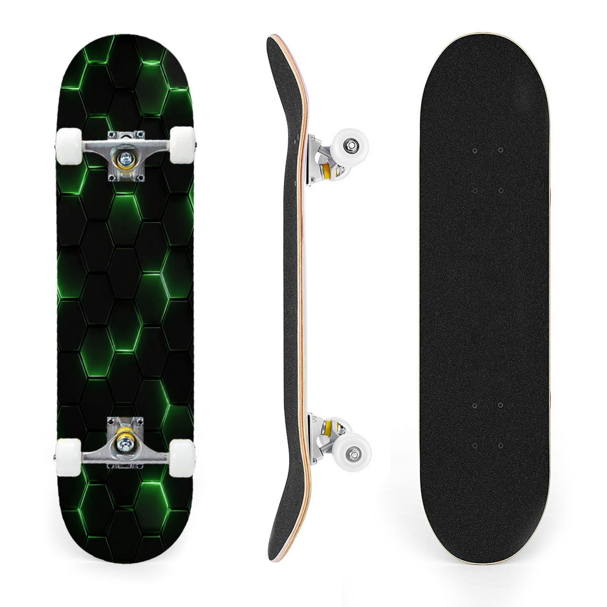 31"x8" Complete Skateboards for Beginners, Abstract Geometric Vibrant Neon Line Accents Dark Futuristic Double Kick 7 Ply Canadian Maple Deck Skateboard with Wheels, Gifts for Boys Teens