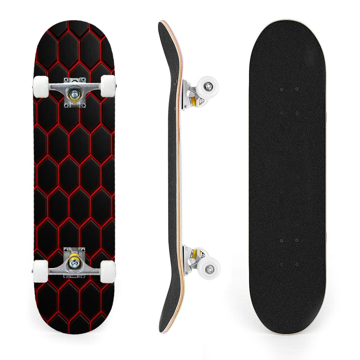 31"x8" Complete Skateboards for Beginners, Abstract Geometric Vibrant Neon Line Accents Dark Futuristic Double Kick 7 Ply Canadian Maple Deck Skateboard with Wheels, Gifts for Boys Teens