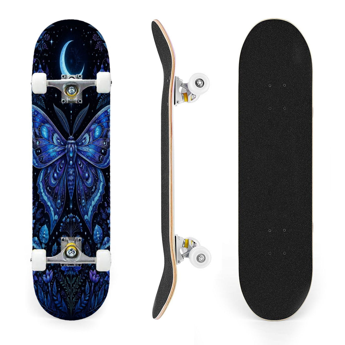 31"x8" Complete Skateboards for Beginners, Colorful Butterfly Blooming Flowers Under Full Moon Starry Double Kick 7 Ply Canadian Maple Deck Skateboard with Wheels, Gifts for Kids Teens