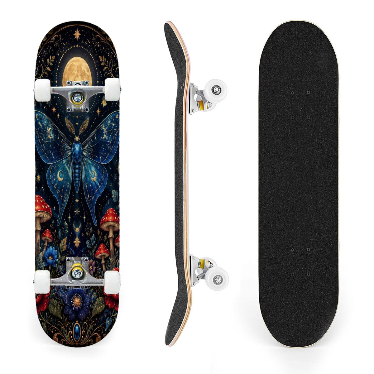 31"x8" Complete Skateboards for Beginners, Butterfly Garden Vintage Botanical Motifs Dark Green Teal Double Kick 7 Ply Canadian Maple Deck Skateboard with Wheels, Gifts for Kids Teens