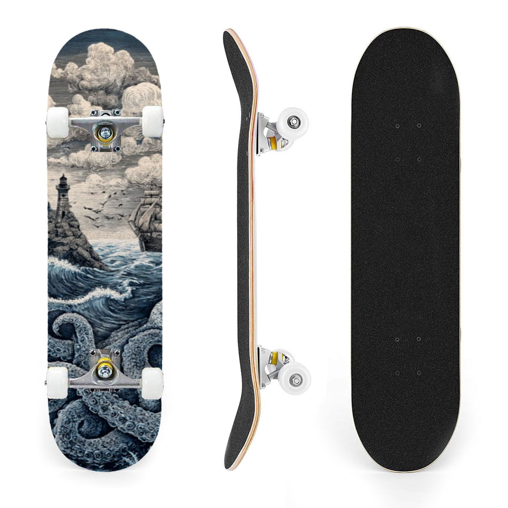 31"x8" Complete Skateboards for Beginners, Blue Deep Sea Sailing Ship Octopus Lighthouse Clouds Ocean Double Kick 7 Ply Canadian Maple Deck Skateboard with Wheels, Gifts for Kids Teens