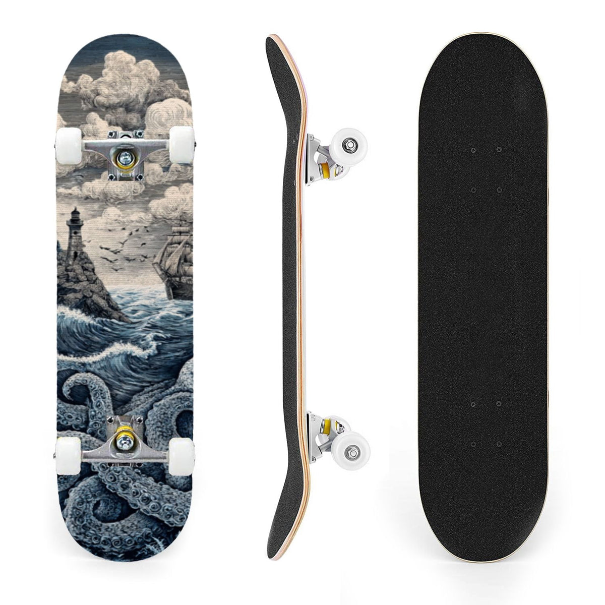 31"x8" Complete Skateboards for Beginners, Blue Deep Sea Sailing Ship Octopus Lighthouse Clouds Ocean Double Kick 7 Ply Canadian Maple Deck Skateboard with Wheels, Gifts for Kids Teens
