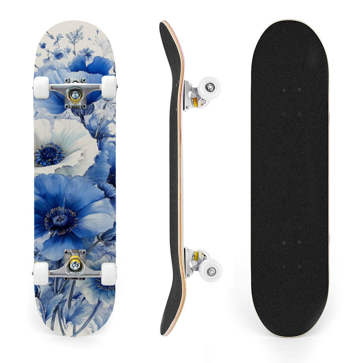 31"x8" Complete Skateboards for Beginners, Turquoise Flowers Teal Daisy Flower Butterfly Blue Romantic Double Kick 7 Ply Canadian Maple Deck Skateboard with Wheels, Gifts for Kids Teens