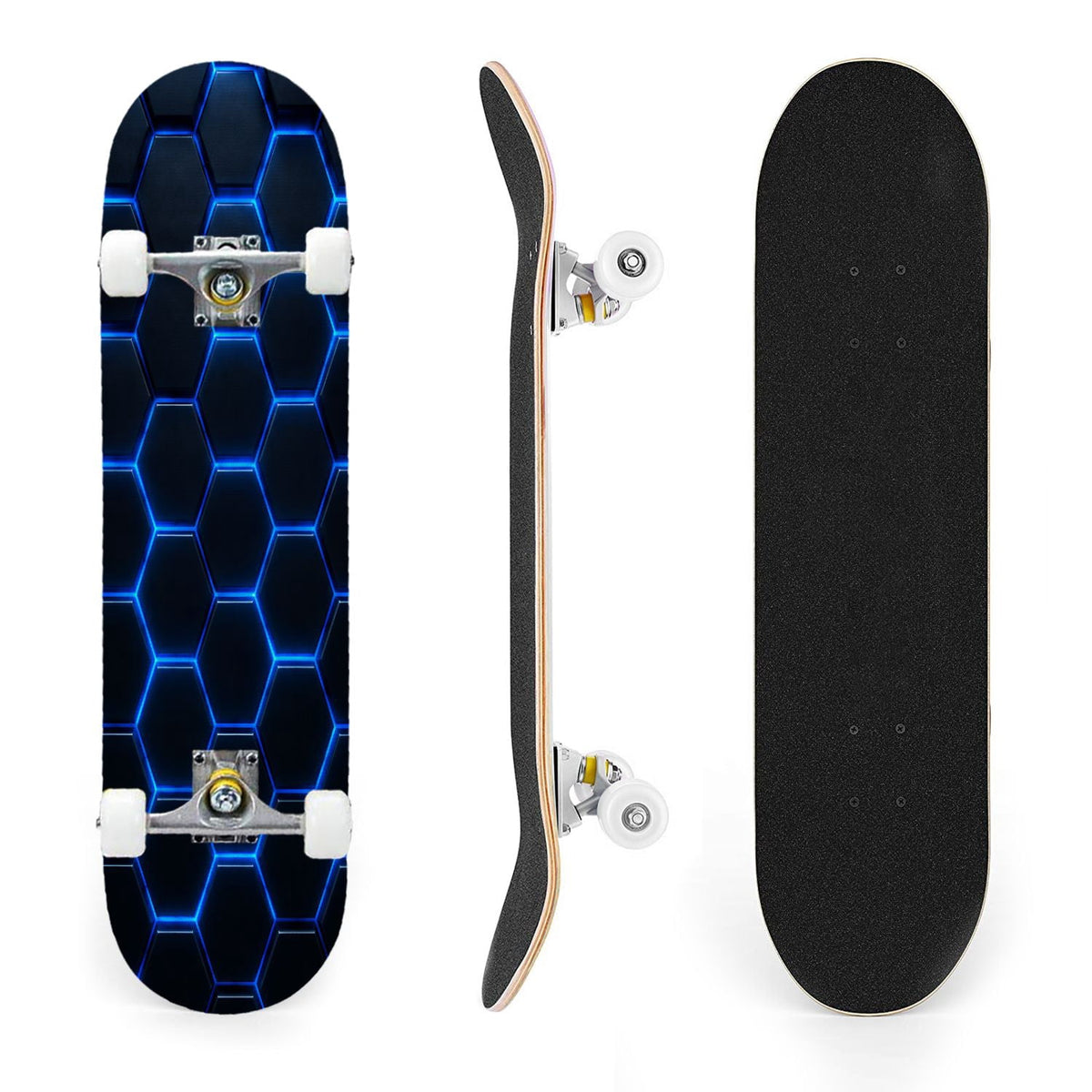 31"x8" Complete Skateboards for Beginners, Abstract Geometric Vibrant Neon Line Accents Dark Futuristic Double Kick 7 Ply Canadian Maple Deck Skateboard with Wheels, Gifts for Boys Teens