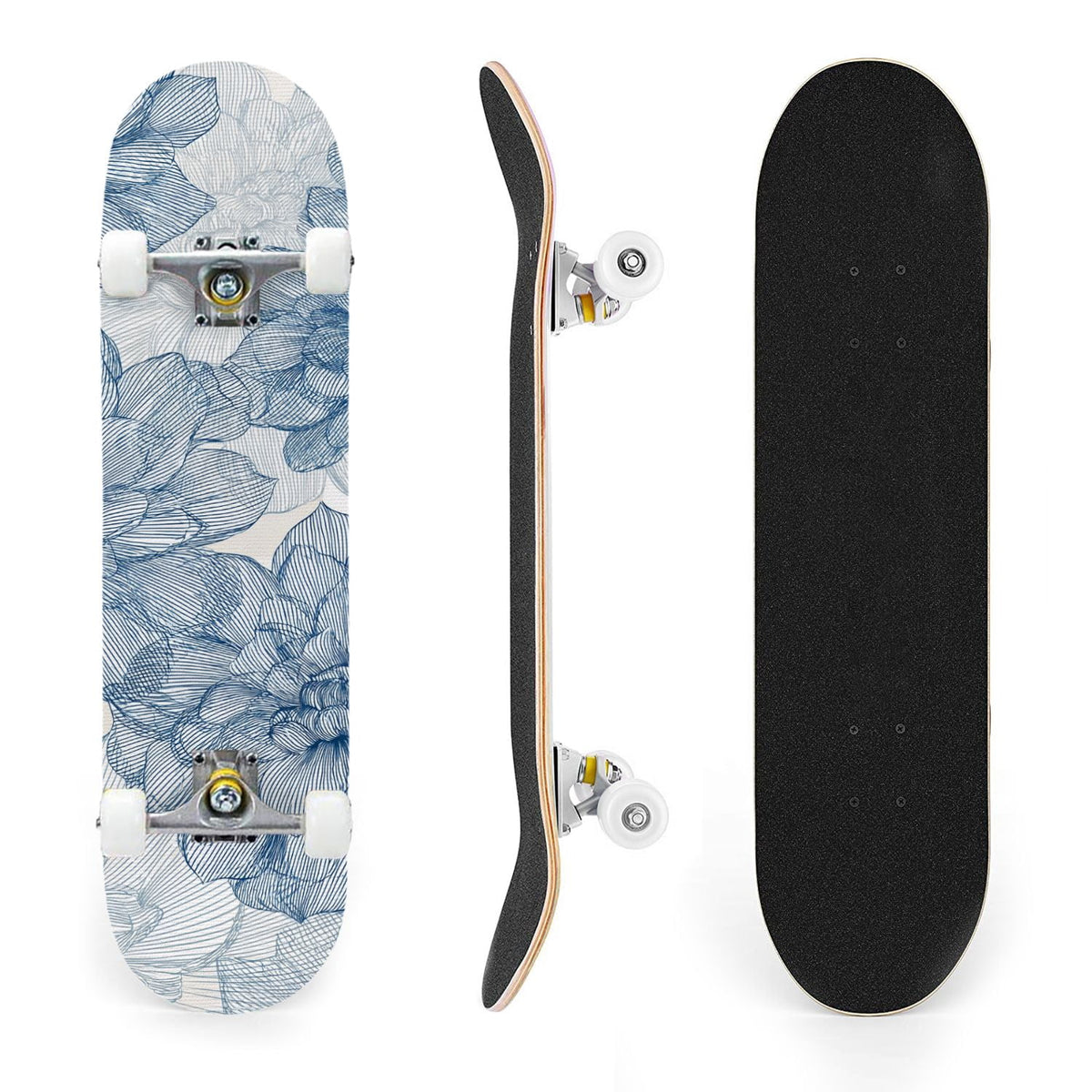 31"x8" Complete Skateboards for Beginners, Elegant Floral Pink Roses Blue Butterflies Double Kick 7 Ply Canadian Maple Deck Skateboard with Wheels, Gifts for Kids Teens