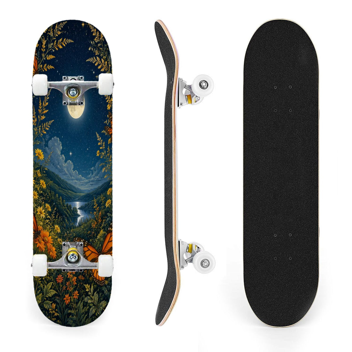 31"x8" Complete Skateboards for Beginners, Blue Moth Moonlight Flowers Mushrooms Forest Double Kick 7 Ply Canadian Maple Deck Skateboard with Wheels, Gifts for Kids Teens