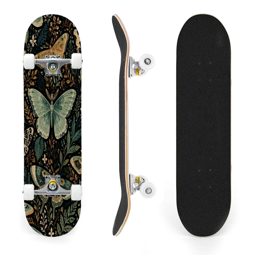 31"x8" Complete Skateboards for Beginners, Butterfly Garden Vintage Botanical Motifs Dark Green Teal Double Kick 7 Ply Canadian Maple Deck Skateboard with Wheels, Gifts for Kids Teens