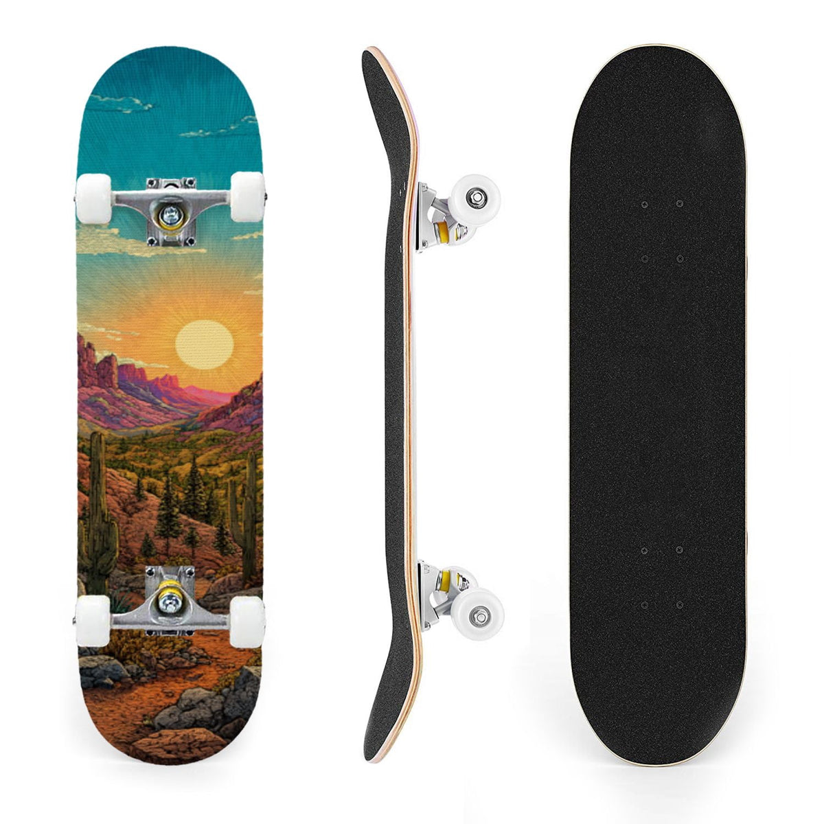 31"x8" Complete Skateboards for Beginners, Blue Deep Sea Sailing Ship Octopus Lighthouse Clouds Ocean Double Kick 7 Ply Canadian Maple Deck Skateboard with Wheels, Gifts for Kids Teens