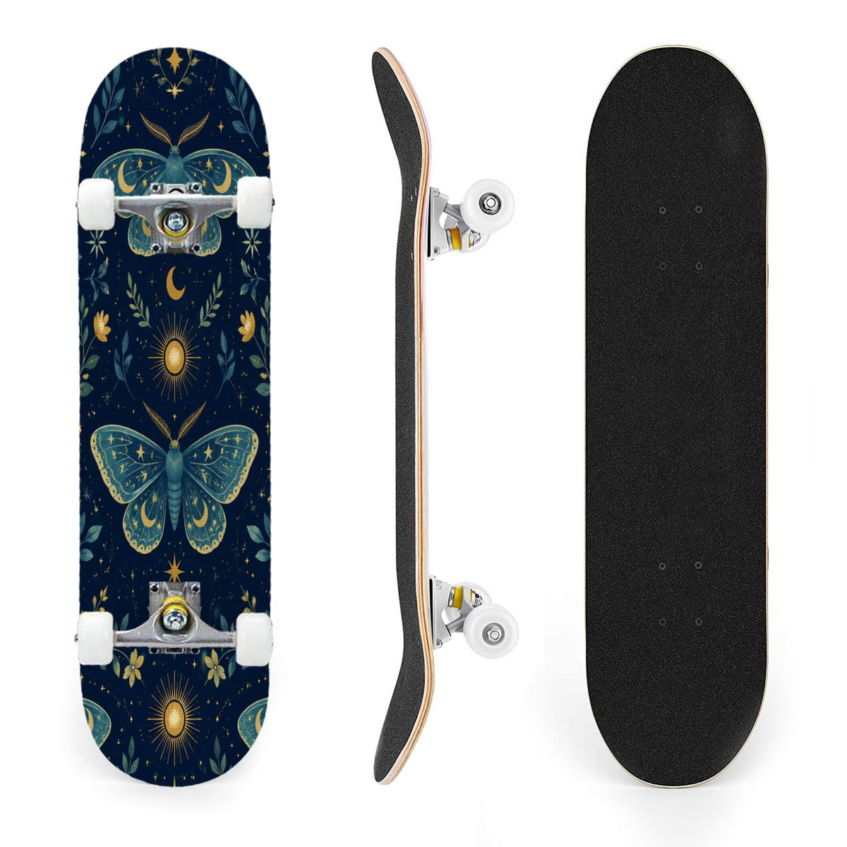 31"x8" Complete Skateboards for Beginners, Blue Moth Moonlight Flowers Mushrooms Forest Double Kick 7 Ply Canadian Maple Deck Skateboard with Wheels, Gifts for Kids Teens