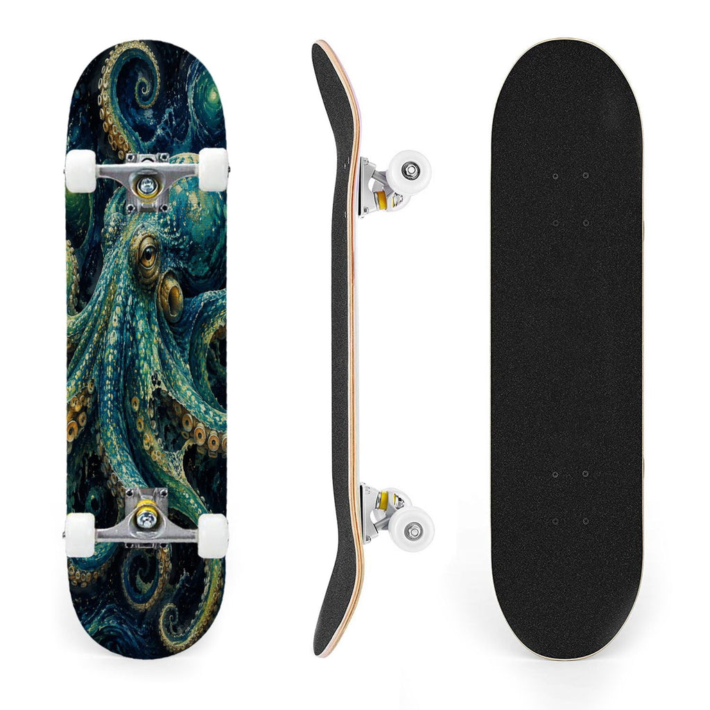 31"x8" Complete Skateboards for Beginners, Colorful Cosmic Octopus Tentacles Starry Marine Life Double Kick 7 Ply Canadian Maple Deck Skateboard with Wheels, Gifts for Kids Teens