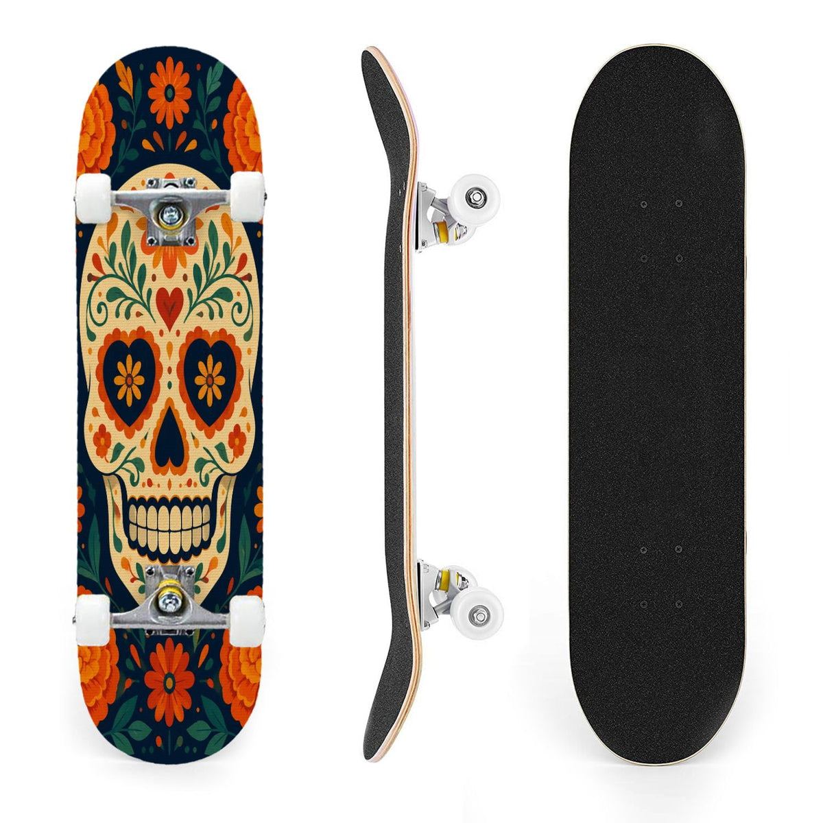 31"x8" Complete Skateboards for Beginners, Colorful Sugar Skull Vibrant Floral Day of the Dead Double Kick 7 Ply Canadian Maple Deck Skateboard with Wheels, Gifts for Kids Teens