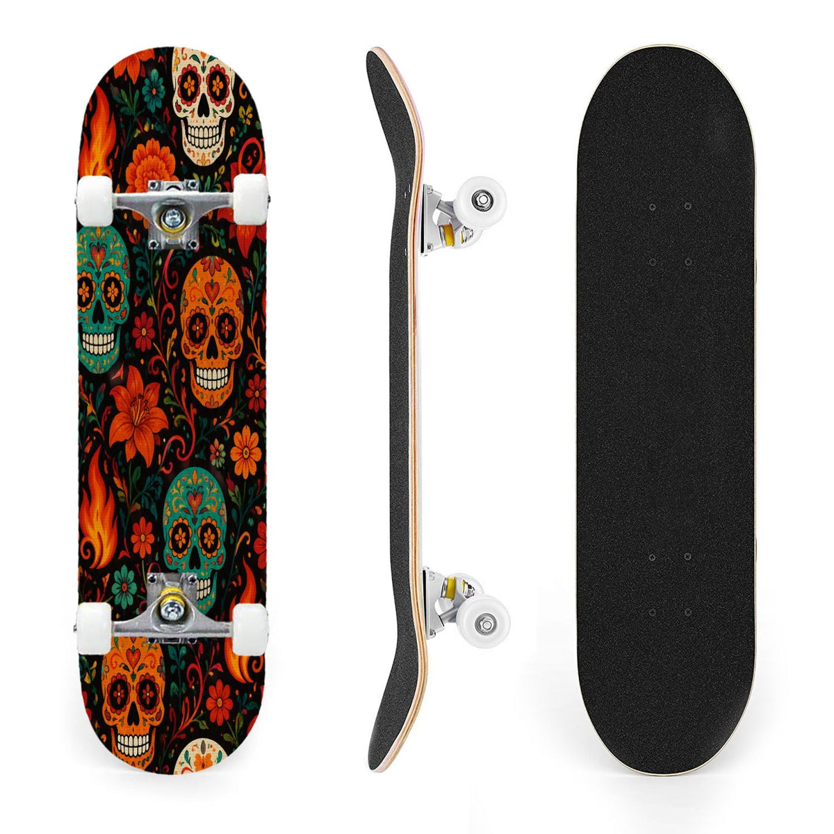 31"x8" Complete Skateboards for Beginners, Colorful Sugar Skulls Floral Patterns Mexican Double Kick 7 Ply Canadian Maple Deck Skateboard with Wheels, Gifts for Kids Teens