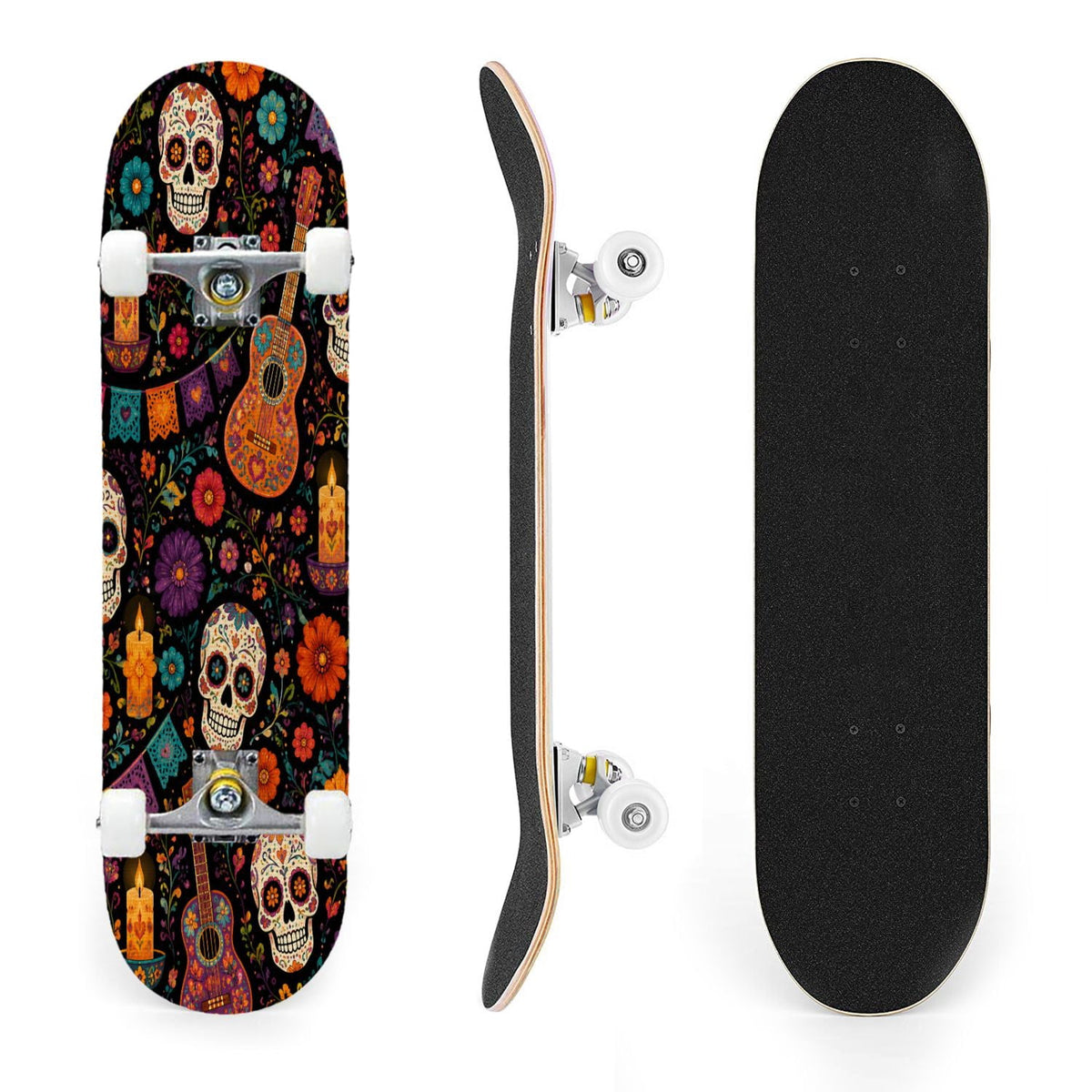 31"x8" Complete Skateboards for Beginners, Colorful Sugar Skulls Floral Patterns Mexican Double Kick 7 Ply Canadian Maple Deck Skateboard with Wheels, Gifts for Kids Teens