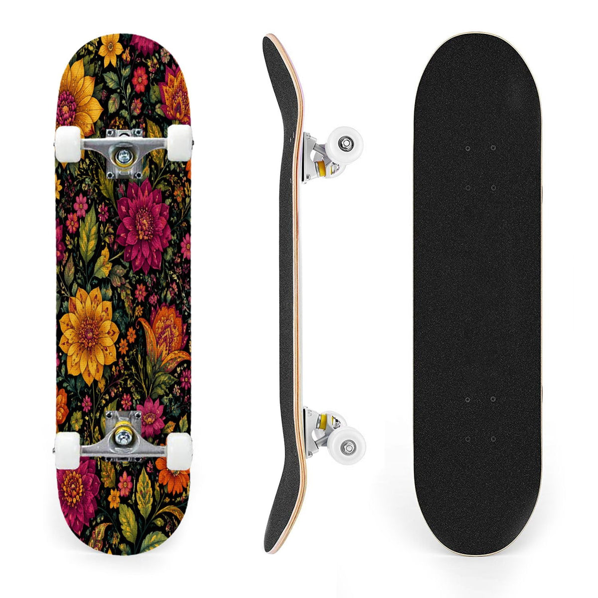 31"x8" Complete Skateboards for Beginners, Colorful Sugar Skulls Floral Patterns Mexican Double Kick 7 Ply Canadian Maple Deck Skateboard with Wheels, Gifts for Kids Teens