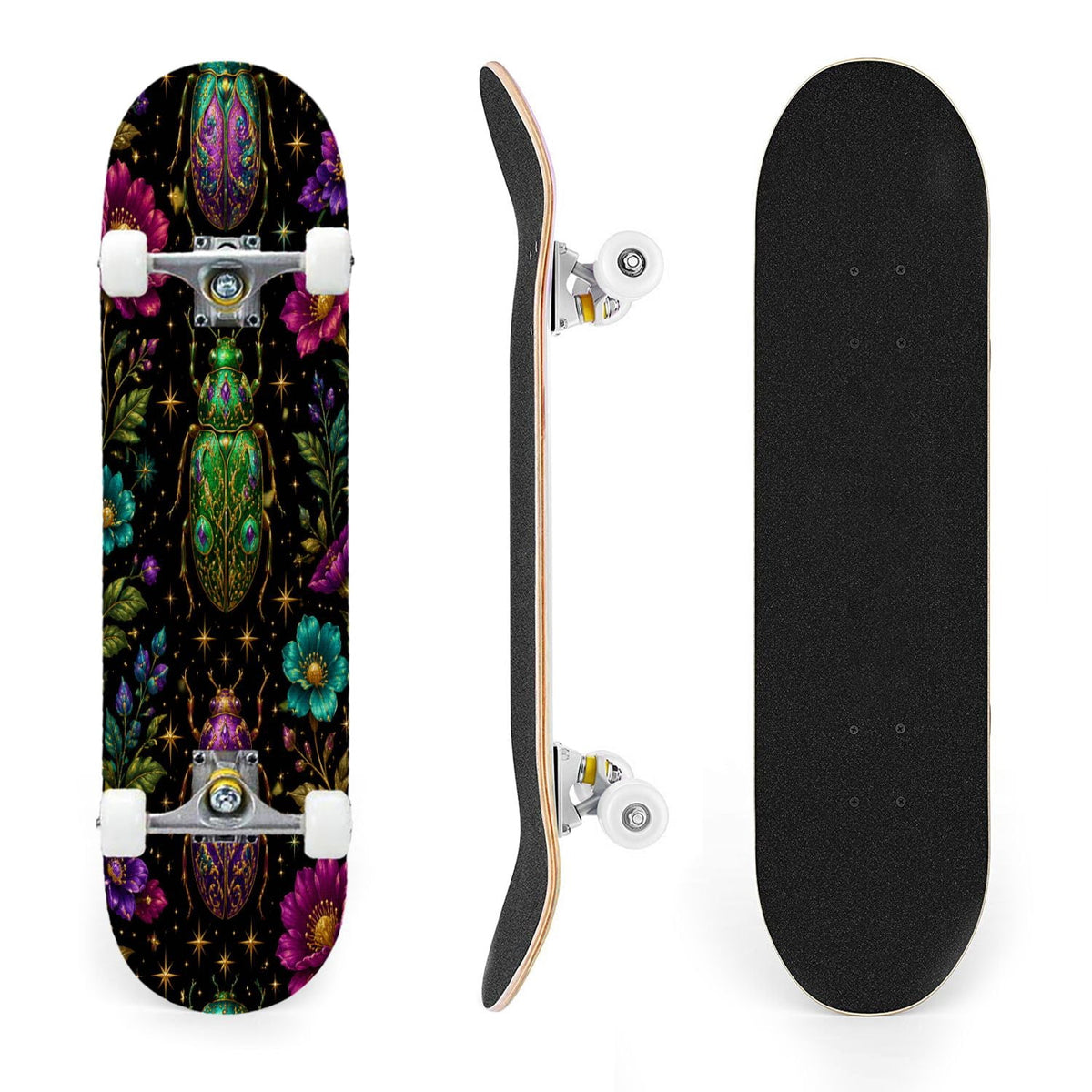 31"x8" Complete Skateboards for Beginners, Colorful Mushroom Floral Magical Night Forest Vintage Double Kick 7 Ply Canadian Maple Deck Skateboard with Wheels, Gifts for Kids Teens