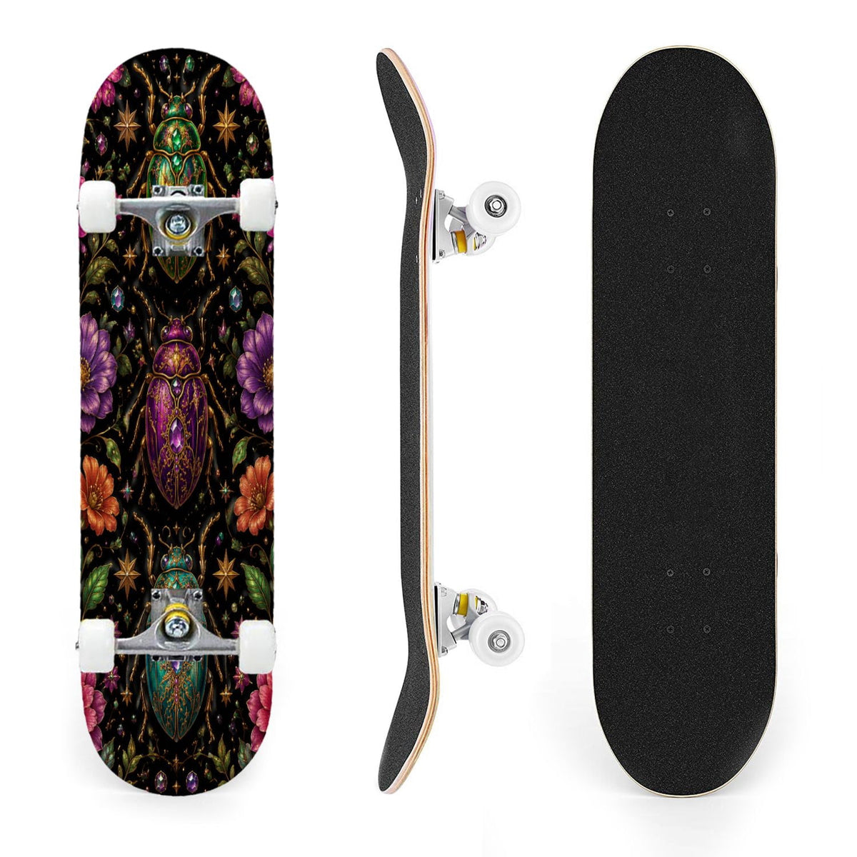 31"x8" Complete Skateboards for Beginners, Colorful Mushroom Floral Magical Night Forest Vintage Double Kick 7 Ply Canadian Maple Deck Skateboard with Wheels, Gifts for Kids Teens
