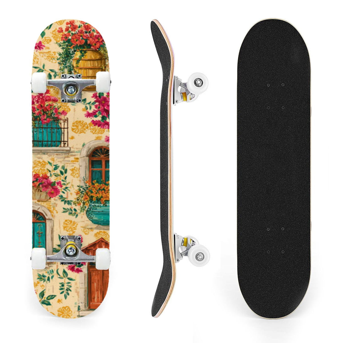 31"x8" Complete Skateboards for Beginners, Vintage Forest Woodland Large Trees Leaves River Cottage Double Kick 7 Ply Canadian Maple Deck Skateboard with Wheels, Gifts for Kids Teens