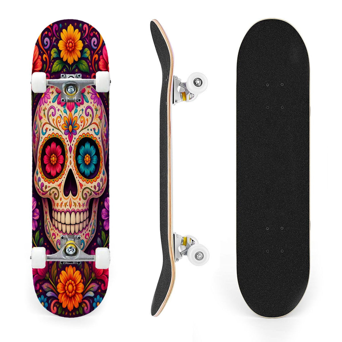 31"x8" Complete Skateboards for Beginners, Colorful Sugar Skull Vibrant Floral Day of the Dead Double Kick 7 Ply Canadian Maple Deck Skateboard with Wheels, Gifts for Kids Teens