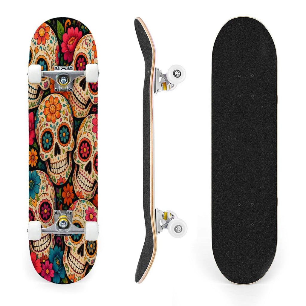 31"x8" Complete Skateboards for Beginners, Colorful Sugar Skulls Floral Patterns Mexican Double Kick 7 Ply Canadian Maple Deck Skateboard with Wheels, Gifts for Kids Teens