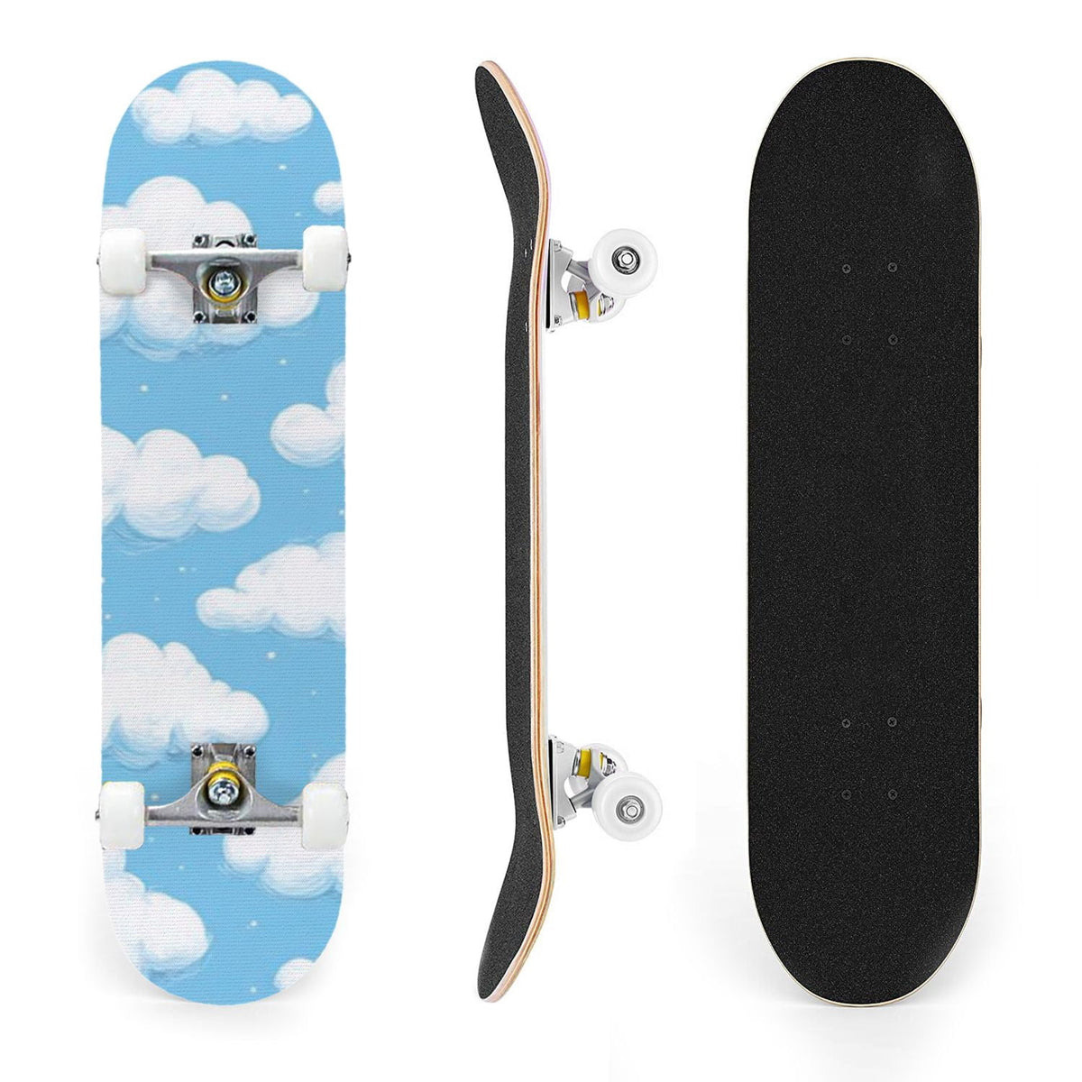 31"x8" Complete Skateboards for Beginners, Cute Light Blue Sky Cartoon Summer Decor Double Kick 7 Ply Canadian Maple Deck Skateboard with Wheels, Gifts for Kids Teens